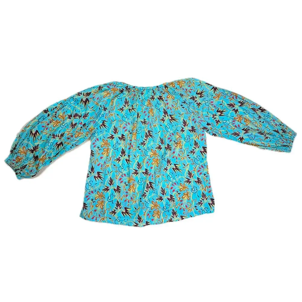 ALC Tropical Cotton Blouse Balloon Sleeve Turquoise 12 Resort Vacation Cruise - Picture 4 of 16